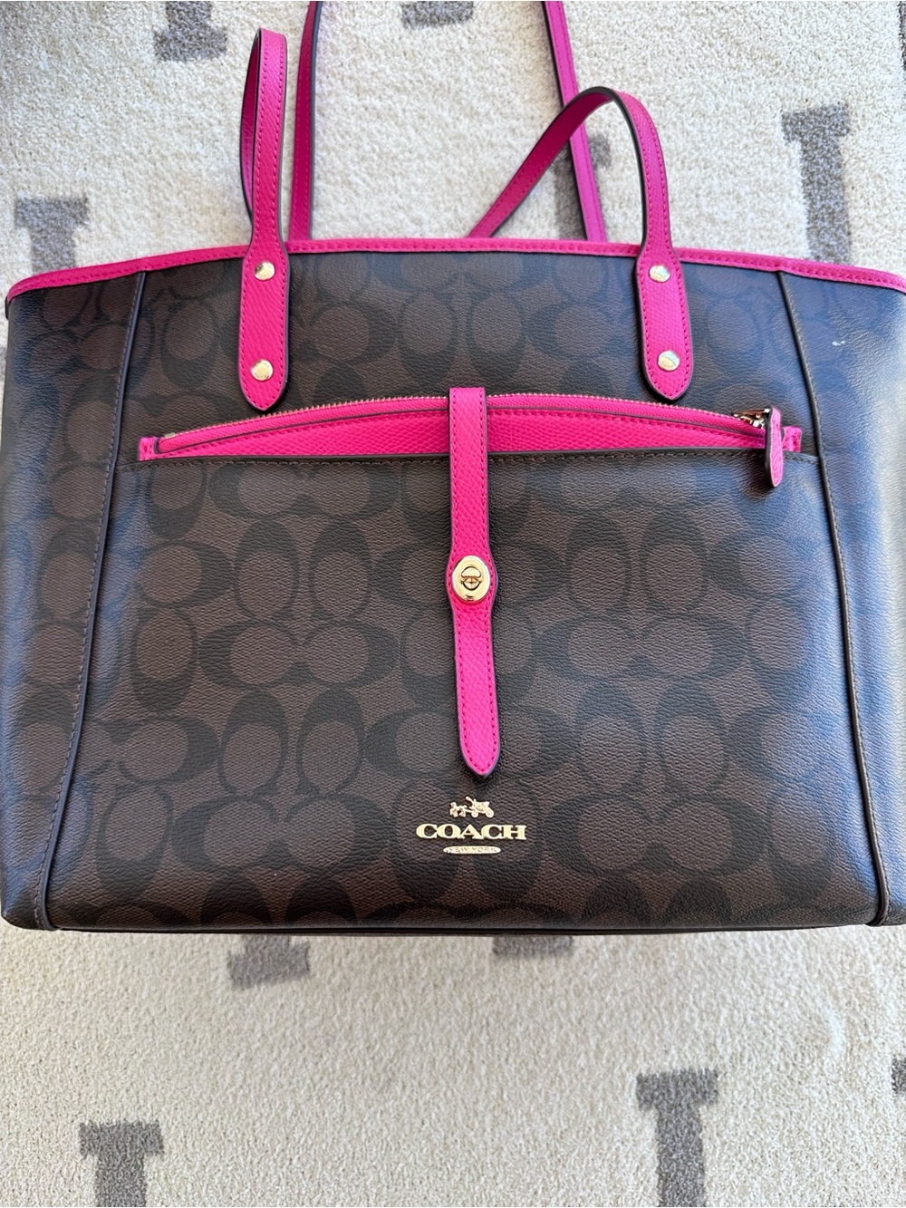 Coach Brown Tote with Pink Trim and Gold Logo